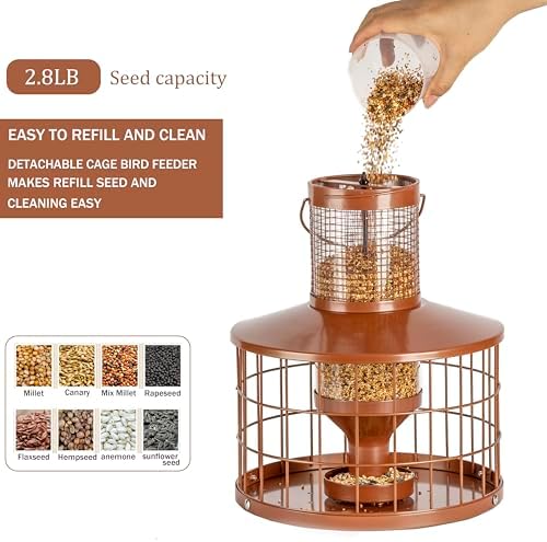 Caged Bird Feeders Squirrel-Proof, Metal, 2.8 Lbs Capacity-Cage Tube Seed Feeders with Tray Outdoor Hanging, Attract Birds,Detachable Cleaning, Starling Proof Wild Bird Feeder（Brown）