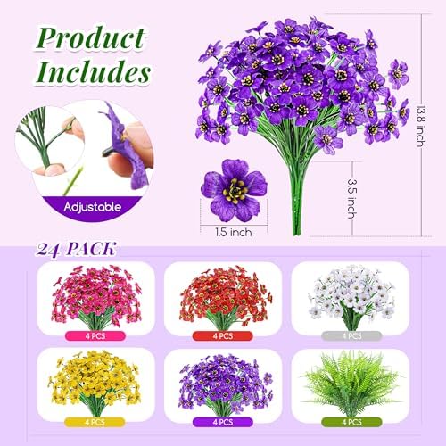 Der Rose 24 Bundles Artificial Flowers for Outdoors Fake Ferns UV Resistant Faux Spring Flowers for Outdoor Planters Home Garden Patio Front Porch Decor