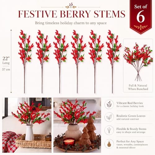 Yinder 6 Pcs 22 Inch Christmas Artificial Red Berry Stems
