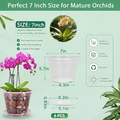 Orchid Pot -6 Pack 7 Inch Orchid Pots with Holes and Saucers, Clear Plastic Plant Pots with 8 Support Stakes and Clips, Orchid Repotting Kit for Indoor Plants (7 Inch)