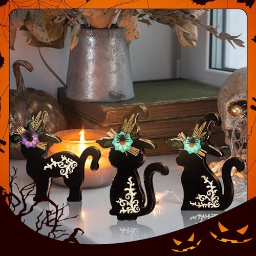 Redbaker 3 Pcs Halloween Wooden Decorations Indoor Black Cat Table Decor