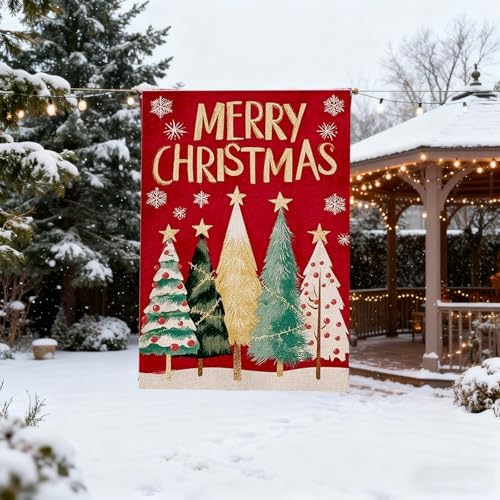 Merry Christmas Trees Garden Flags 12x18 Inch Double Sided for Outside,Small Burlap Holiday Red Yard Decoration,Weather Resistant Outdoor Hanging Banner for Patio Lawn Festive Xmas Decor