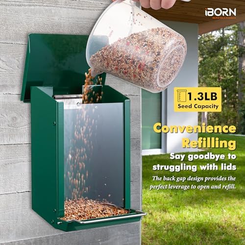 iBorn Bird Feeder for Outdoors, Wall Mounted Bird Feeder Weatherproof Metal Roof, Heavy Duty Metal Birdfeeder for Tree, Fence, Wall Screwed-in Mounting, All Detachable Easy Clean,1.3Lbs, Green