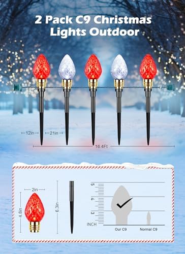 2 Pack Strawberry C9 Christmas Pathway Lights Outdoor, Total 34.8 Feet