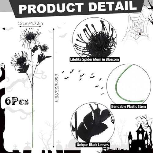 6PCS Black Artificial Fake Mums Halloween Faux Pincushion Flower