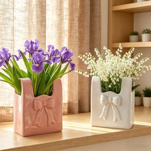 Ceramic Flower Vase Small Purse Vase White Bow Bag Vases Cute Home Decor Flower Vases for Centerpiece Table Shelf Living Room Women Gifts