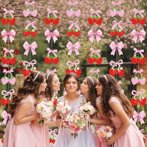 Xinnun Pink Bow Strawberry Garland Berry First Birthday Decorations