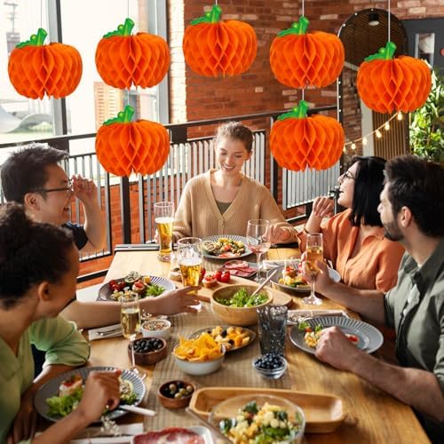 12 Pcs Pumpkin Centerpieces for Tables, 10 Inch Thanksgiving 3D Honeycomb Tissue Balls Fall Paper Hanging Pumpkin Decorations for Halloween Thanksgiving Harvest Party Decor