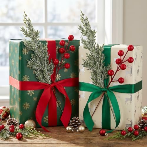 50Pcs Christmas Snow Pine Branches with Red Berries,Snowy Norfolk Pine Stem