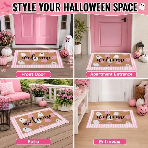 Tinideya 2 Pcs Halloween Ghost Layered Doormat Set, Pink White