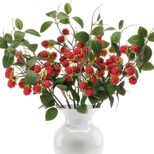 XunYee 10 Pack Light Red Artificial Raspberry Plant Stems 15'' Faux Raspberries Branches Fake Simulated Berry Bouquet Picks for Vase Filler Indoor Home Farmhouse Table Centerpieces Decor