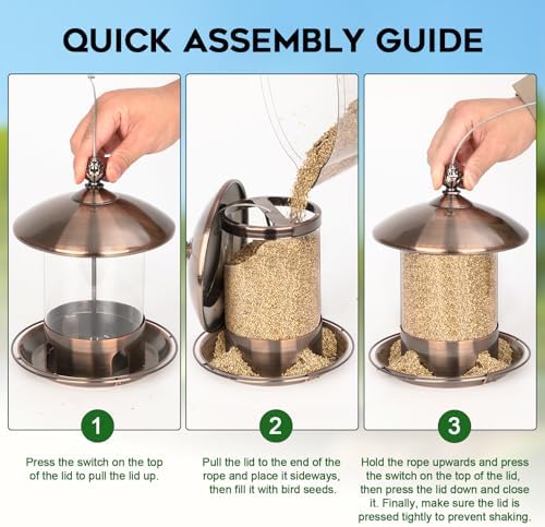 Gbekery Metal Bird Feeders for Outdoors Hanging, Weather Resistant Wild Bird Feeder with 360 Degree Feeding Tray, Copper