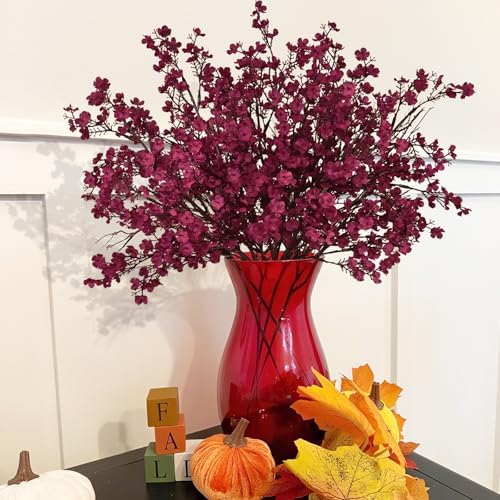5 Pcs Fall Flowers, Real Touch Babys Breath Artificial Flowers, Burgundy