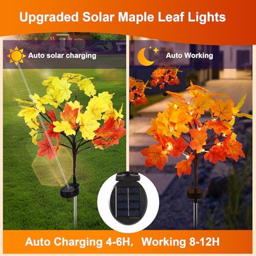 2Pack Fall Solar Lights Outdoor Decorative, Waterproof 40Led Orange Fall Lights with 80 Maple Leaves Path Lights, Solar Lights for Fall Autumn Patio Garden Halloween Thanksgiving Decorations