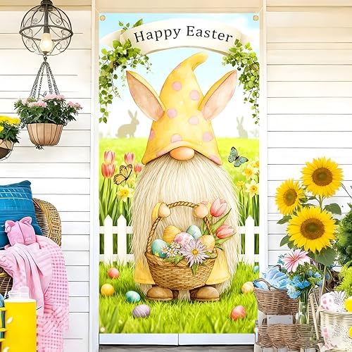 Easter Door Cover Banner with Gnome Design, Spring Front Door Decoration for Porch & Home, 35.4×70.8in with Rope