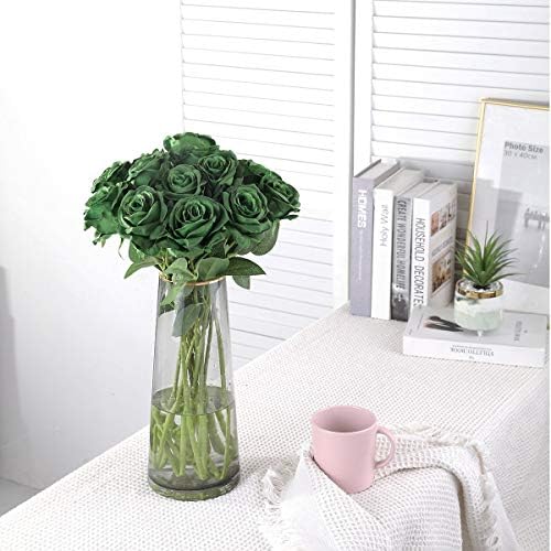 10pcs Dark Green Roses Artificial Flowers, Realistic Faux Rose with Stem