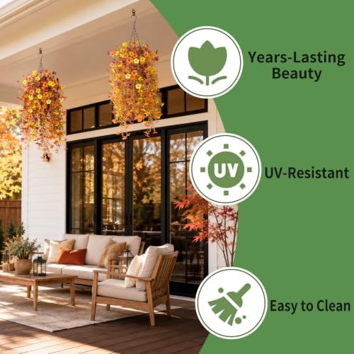 Fake Mums Fall Artificial Flowers Hanging Basket for Outdoor Decoration