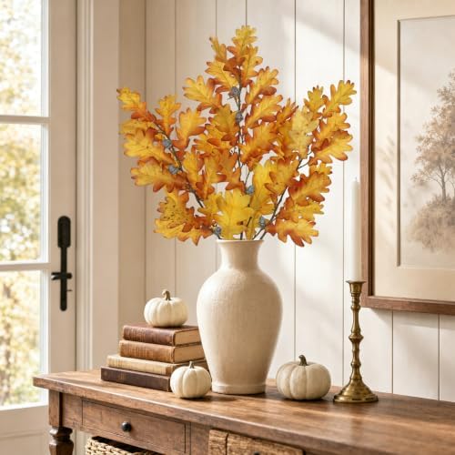 35" Long Faux Oak Leaf Stems with Acorns, 3Pcs Fall Stems for Vase Yellow