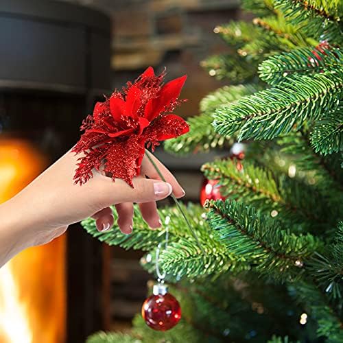 FurRain Christmas Poinsettia Artificial Flowers Decorations 5.5" Christmas Tree Wreaths Garland Decoration 12 Pcs Glitter Flowers Picks Decor for Xmas New Year Wedding Party Ornaments (Black)