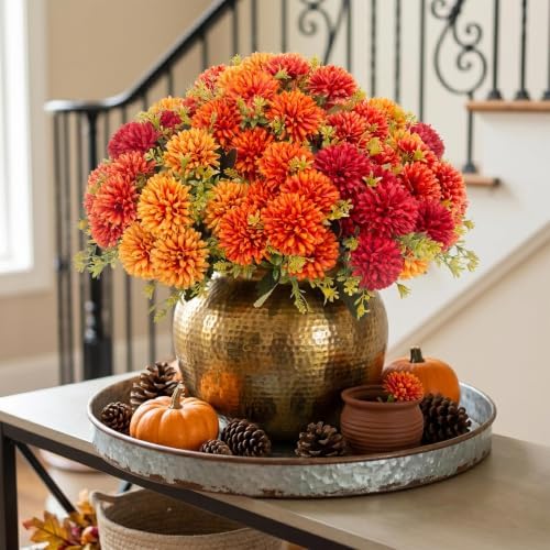 lovemoon 12 Pcs Artificial Mums for Outdoors, Fake Fall Flowers for Autumn