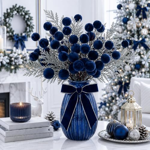 Suncalla 8 Pcs Velvet Christmas Tree Picks, Foggy Blue Ornament Stems