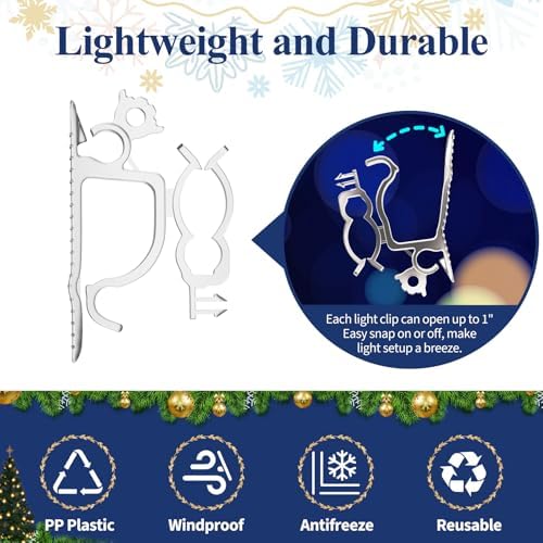 Holiday Light Clips [Set of 200] Christmas Outdoor Light Clips - Mount to Shingles & gutters - Works with Mini, C6, C7, C9, Rope, Icicle Lights - No Tools Required
