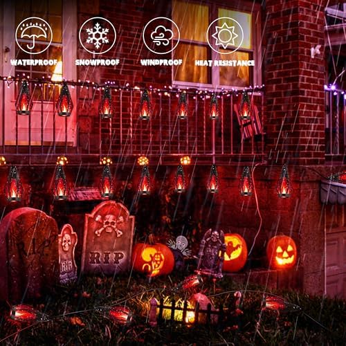 iBaycon 27FT 10 LED Solar Flame Halloween String Lights Outdoor, Red