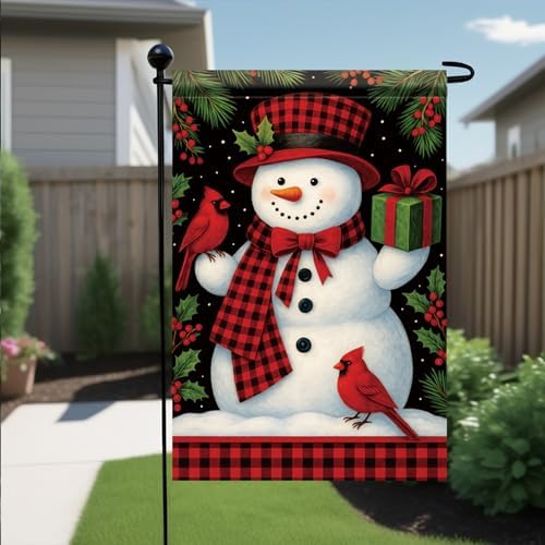 Christmas Garden Flag Buffalo Plaid Snowman Cardinal Gift 12x18 Inch Double Sided Outdoor Yard Banner for Winter Holiday Merry Christmas Decoration Seasonal Cute Welcome Decor.