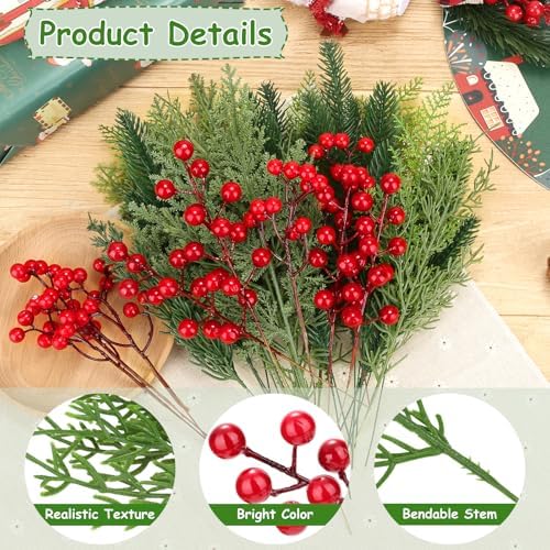 70 PCS Artificial Pine Branches with Berries, Christmas Greenery Fake Pine Needle Faux Red Berry Stems, Christmas Floral Picks for DIY Crafts Wreath Garland Home Décor