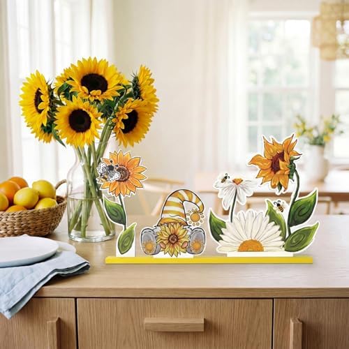 Smile Summer Indoor Decorations Wooden Decor, Sunflower Gnome, Sign for Home Tabletop Centerpiece Mantel Shelf Fireplace
