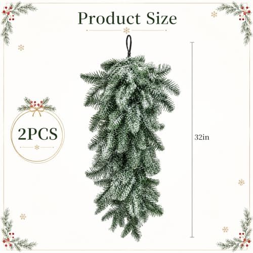 2 Pcs Extra-Long Snow Christmas Teardrop Swag, Artificial Frosted Door Swag
