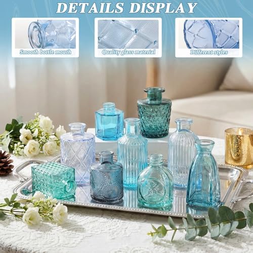 Set of 15 Blue Glass Bud Vases Small Textured Flower Vases