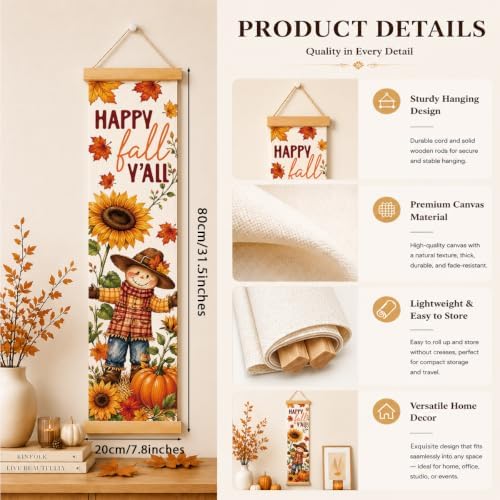 Happy Fall Banner, Scarecrow Sunflower Canvas Hanging Sign for Entryway