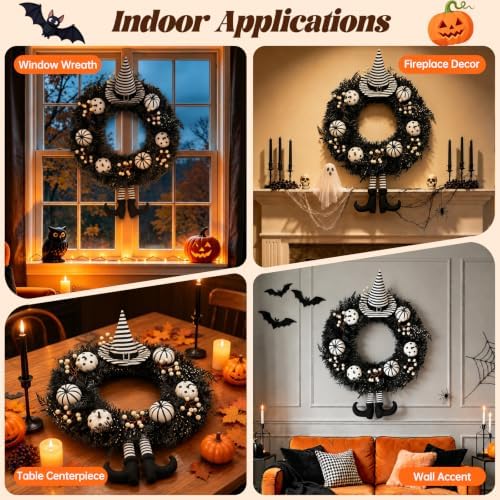 26" Halloween Wreaths for Front Door with Hat, Legs, Pumpkins