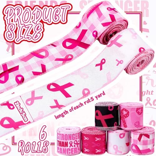 Wavyknot 6 Rolls Breast Cancer Awareness Wired Edge Ribbon 2 Inch x 30 Yard