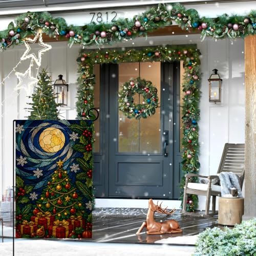Christmas Stained Glass Tree Garden Flag 12x18 Welcome Winter Yard Decor