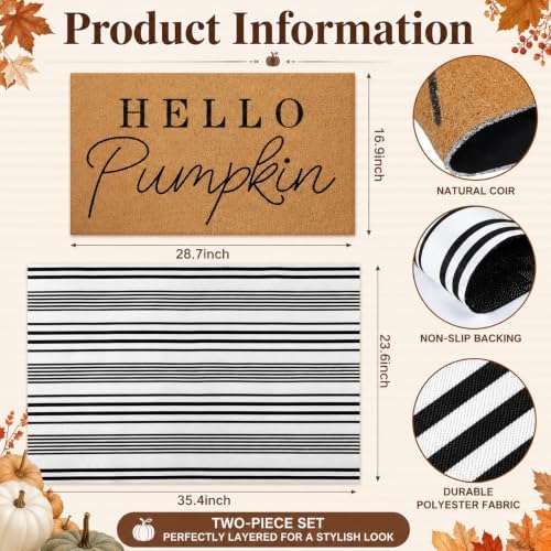 Tinideya 2 Pcs Hello Pumpkin Layered Doormat Set with Stripe Rug