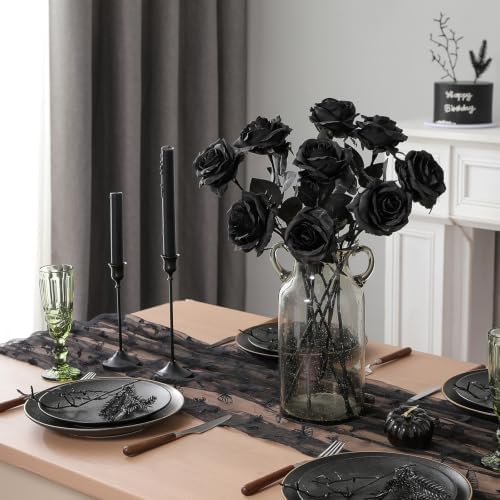 Nubry Artificial Silk Roses, 10pcs Fake Black Roses Bouquet