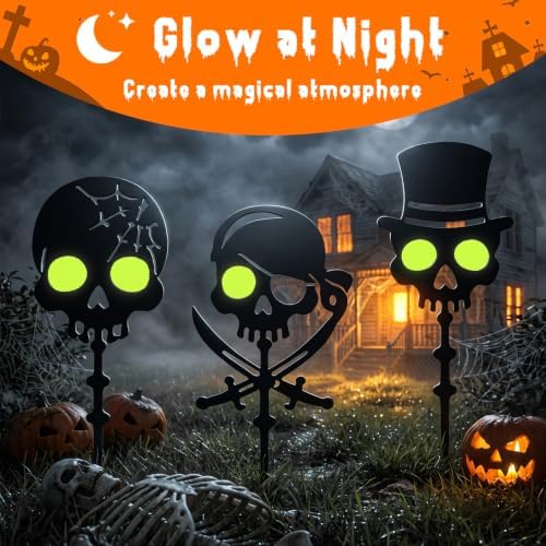 KODIBO Halloween Decorations Outdoor 3-Pack Metal Skull Garden Stakes