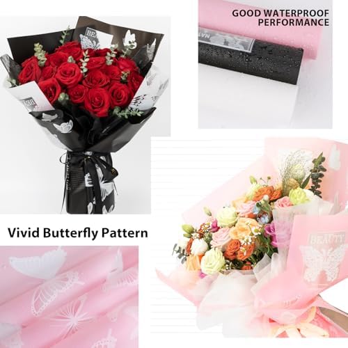 20 Sheet Flower Wrapping Paper-Waterproof Bouquet Paper (Butterfly Pink)