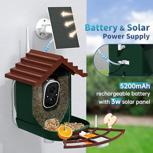 Smart Bird Feeder with Camera Solar Powered & AI Bi rd Identification, 2.4Ghz WiFi Bird feeders for Outdoors, 2K Live Video, Instant Arrival Alerts - Dark red-Green