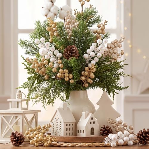 Geosar 36 Pcs Christmas Glittered Berries Stems, Gradient Gold