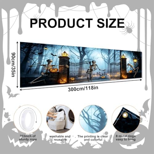 118"x35" Extra Large Happy Halloween Banner Big Spooky Halloween Backdrop for Giant Outdoor Yard Easy Hang with Ropes&Grommets–Perfect for Fence, Porch, Garden, Haunted House Party Signs (Skeleton Gate, 118"x35")