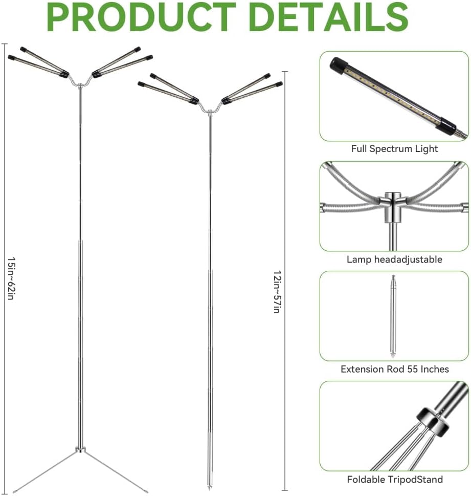 Grow Lights for Indoor Plants Full Spectrum,15-62 Inches Height Adjustable Dsektop and Standing Plant Growing Lights