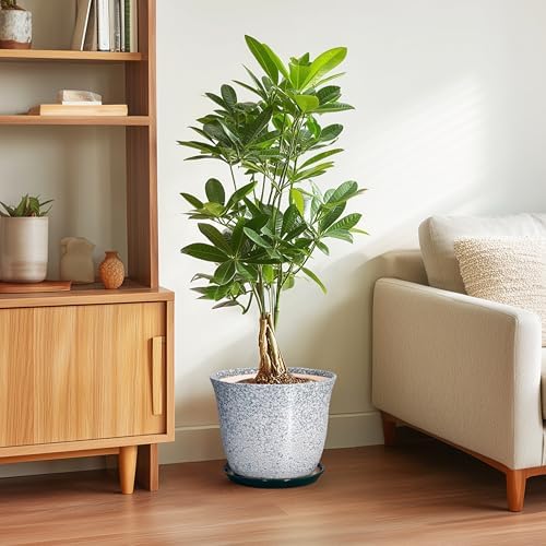 Ceramic Planter - 10 Inch Plant Pot for Indoor Outdoor, Round Planter with Drainage Hole and Plant Tray, Large Decorative Planters, Modern Flower Pot, Home Room Decor, Gardening Gift, Green