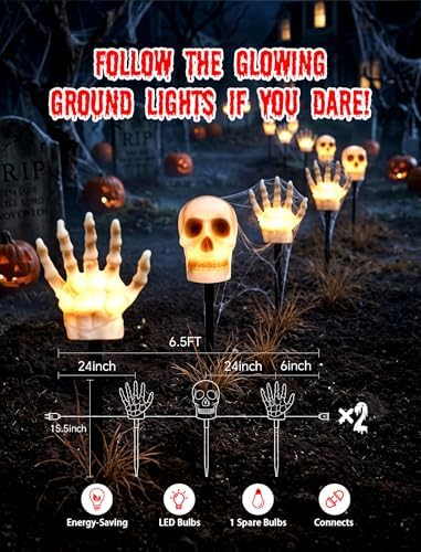 13FT Halloween Pathway Lights Outdoor, 6PK LED Skull Walkway Lights