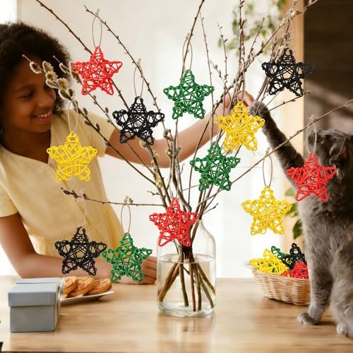 Lucleag 20Pcs Black Red Green Yellow Natural Rattan Star Ornament Vase Filler, African American Wicker Hanging Decor for Black History Month Juneteenth Kwanzaa Tree Home Table Decor Party Supplies