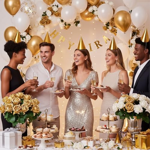 Auihiay 104PCS Gold Rose Artificial Flowers, Fake Roses