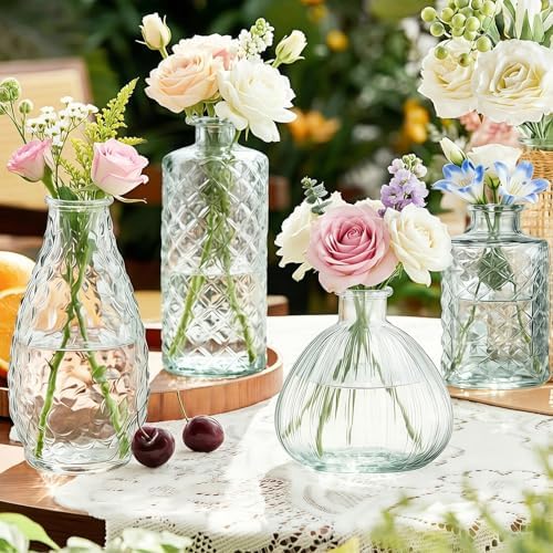 Glass Bud Vases Set of 4,Small Vase for Flowers,Mini Vases (A)