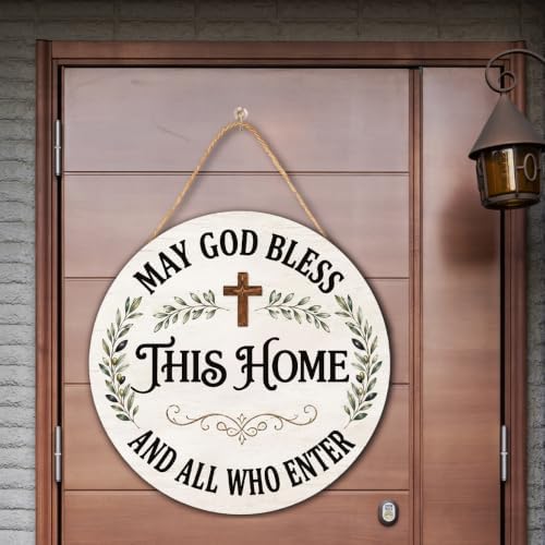 May God Bless This Home Wooden Hanging Sign for House Front Door, Christian Religion Welcome Sign for Porch Garden Patio